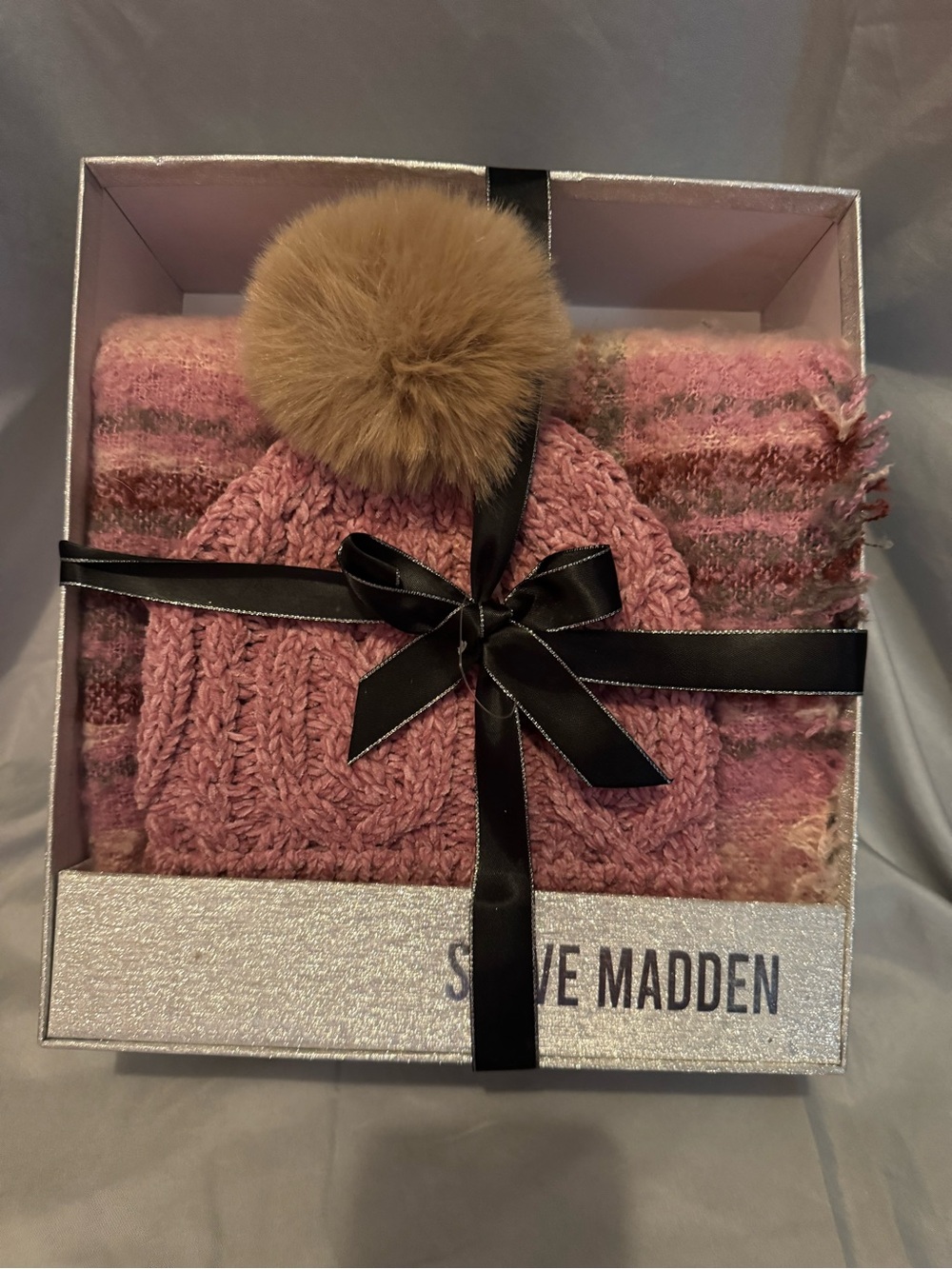 Steve Madden Pink Knit Hat with Pom And Scarf Gift Set in box